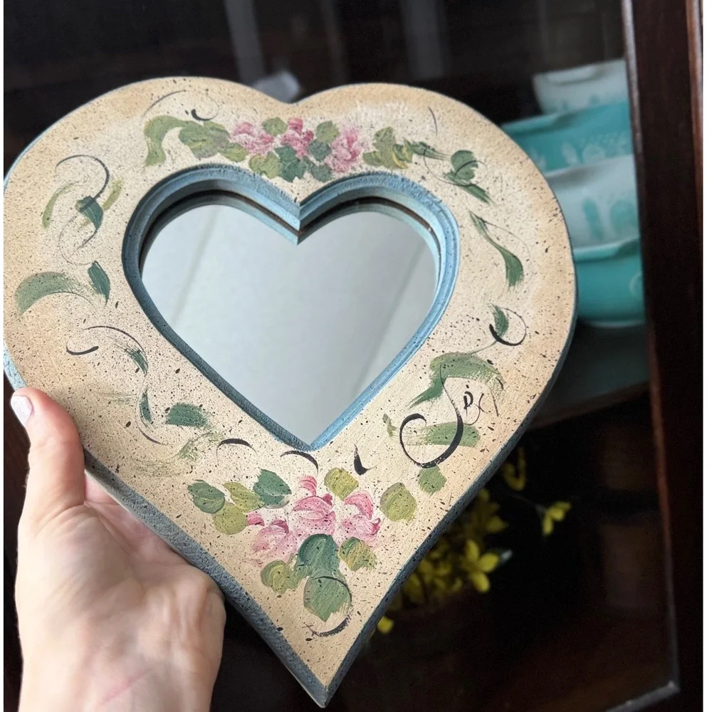Cottagecore Vintage Heart Shaped Hand Painted Floral Wood Wall Mirror Decor Vtg